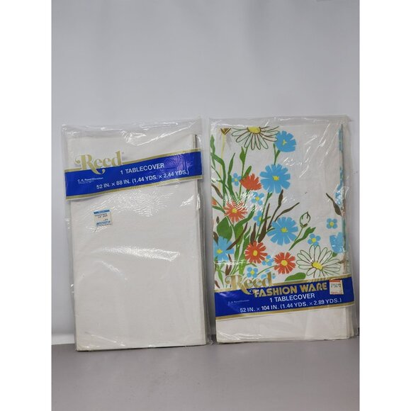 Reed Tablecover Set Of 2: Solid White‎ 52" X 88" & Floral Pattern 52" X 104" NOS - Picture 1 of 5